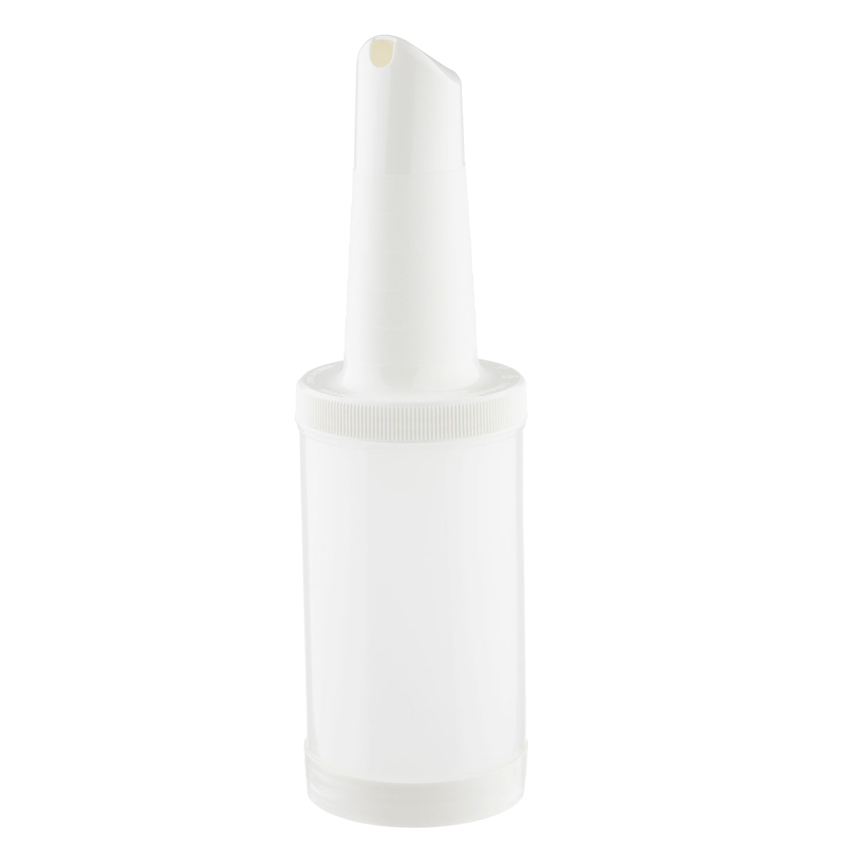 A white, plastic TableCraft Products bottle with a narrow quart pour spout and screw-on cap, commonly used as a Pourmaster Complete Unit for pouring liquid ingredients in kitchens or bars. The cylindrical bottle features a smooth, label-free surface.