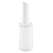 A white, plastic TableCraft Products bottle with a narrow quart pour spout and screw-on cap, commonly used as a Pourmaster Complete Unit for pouring liquid ingredients in kitchens or bars. The cylindrical bottle features a smooth, label-free surface.