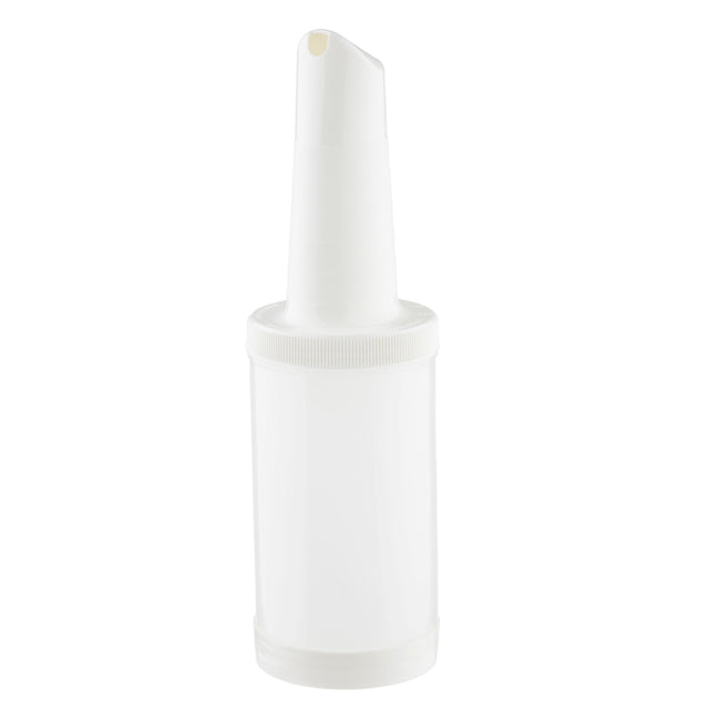 A white, plastic TableCraft Products bottle with a narrow quart pour spout and screw-on cap, commonly used as a Pourmaster Complete Unit for pouring liquid ingredients in kitchens or bars. The cylindrical bottle features a smooth, label-free surface.