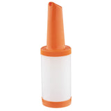 A clear plastic quart bottle with an orange spout lid, a matching pour spout top, and an orange base. This Pourmaster Complete Unit is ideal for pouring syrups or juices with ease in bars or kitchens.