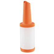 A clear plastic quart bottle with an orange spout lid, a matching pour spout top, and an orange base. This Pourmaster Complete Unit is ideal for pouring syrups or juices with ease in bars or kitchens.