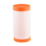 A clear, cylindrical plastic container with an orange screw-on lid and orange base. This quart-sized Pourmaster Complete Unit is empty and stands upright against a white background, perfect for storage or food items with its simple design.
