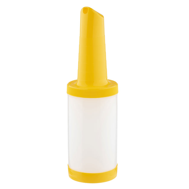 A clear plastic quart bottle with a yellow screw-on lid and matching yellow spout top cover. This Pourmaster Complete Unit features a conical yellow spout for easy pouring or dispensing liquids, standing upright against a white background.