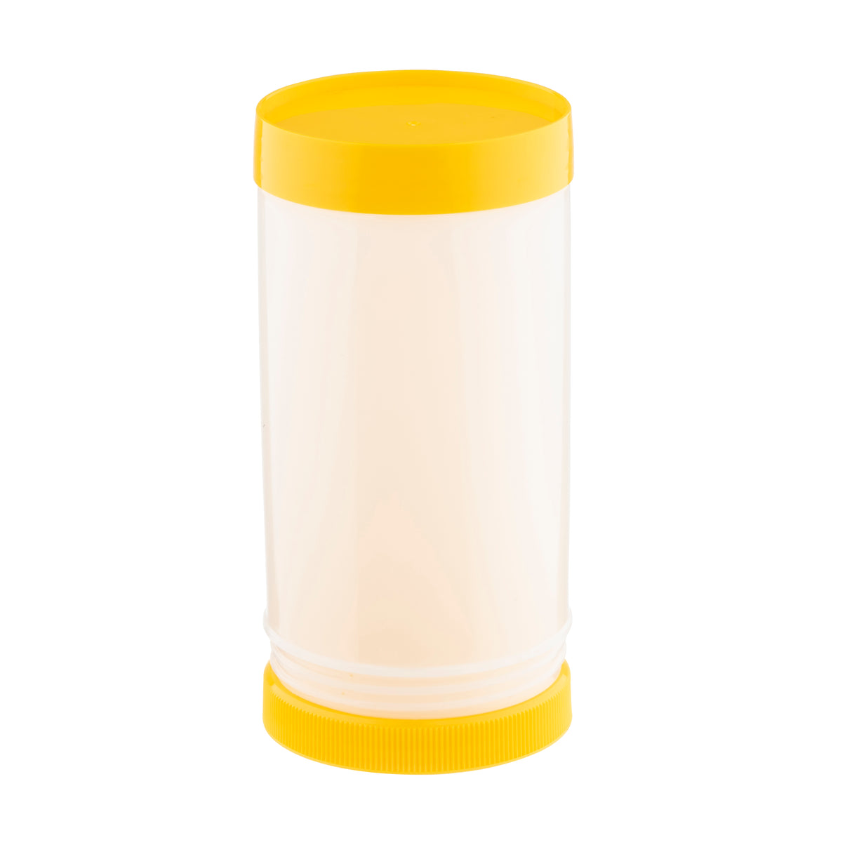 A clear, cylindrical plastic quart container with yellow screw-on lids on both the top and bottom. Smooth-sided and label-free, this Pourmaster Complete Unit features a plain white background and no visible markings.
