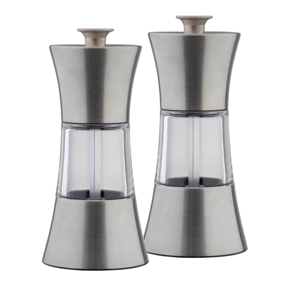 This TableCraft Salt & Pepper Mill Set features modern grinders with stainless steel tops and bottoms, plus transparent middles that showcase the contents. Positioned side by side, they add a sleek touch to any table setting.