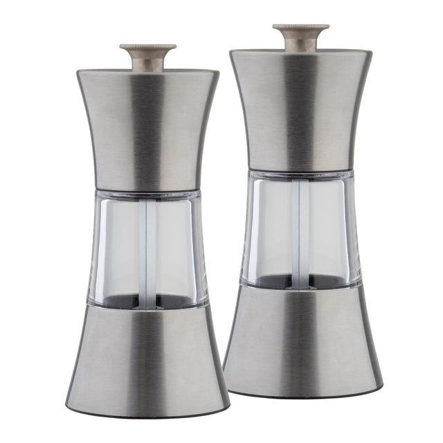 This TableCraft Salt & Pepper Mill Set features modern grinders with stainless steel tops and bottoms, plus transparent middles that showcase the contents. Positioned side by side, they add a sleek touch to any table setting.