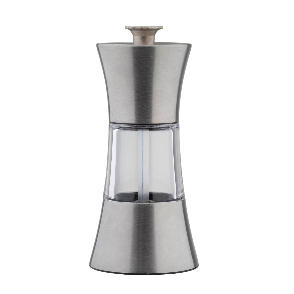 A sleek TableCraft Salt & Pepper Mill Set featuring stainless steel top and bottom sections with a clear acrylic center. The modern hourglass design lets you view contents easily, while a round knob on top ensures smooth grinding.