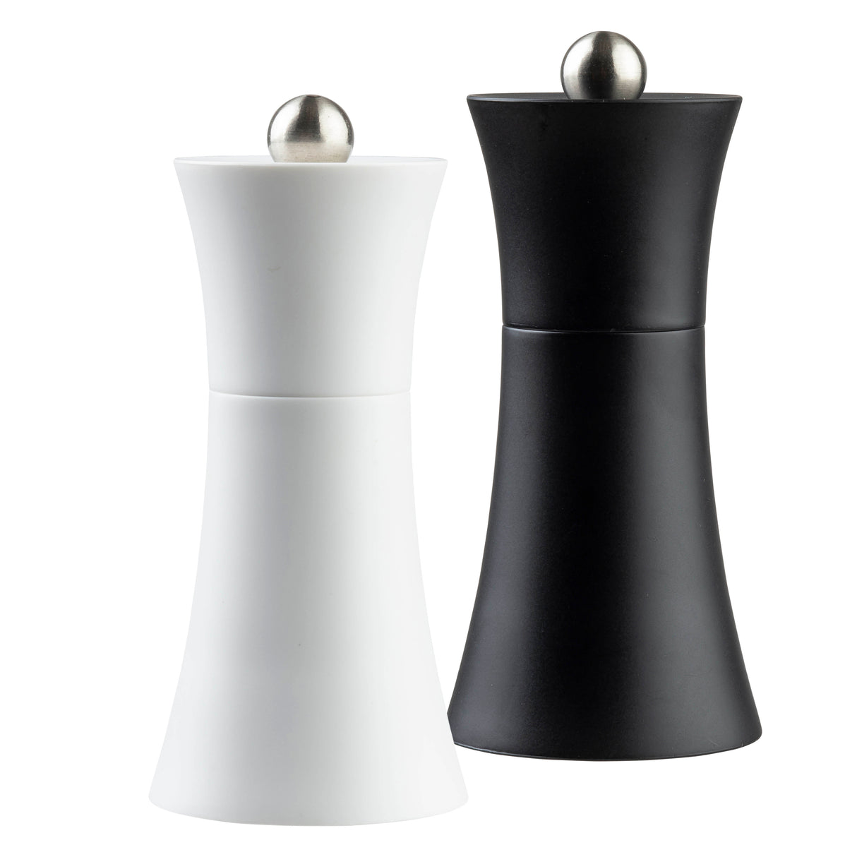 A pair of curved TableCraft salt & pepper mills with brushed metal knobs on top; one is matte white and the other matte black, both standing upright against a white background.
