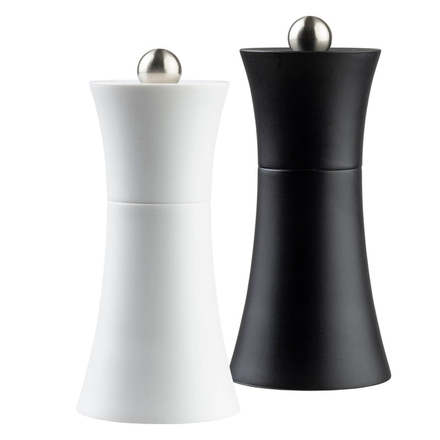 A pair of curved TableCraft salt & pepper mills with brushed metal knobs on top; one is matte white and the other matte black, both standing upright against a white background.