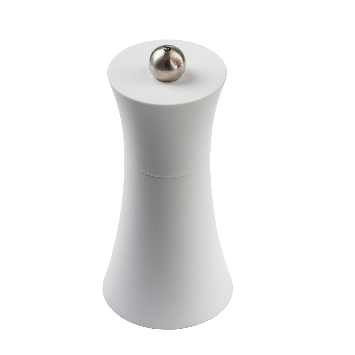 A white, hourglass-shaped TableCraft Salt & Pepper Mill Set with a matte acrylic finish and a metallic knob on top, shown against a plain white background. The grinder features a smooth, modern design and slightly flares out at the base.
