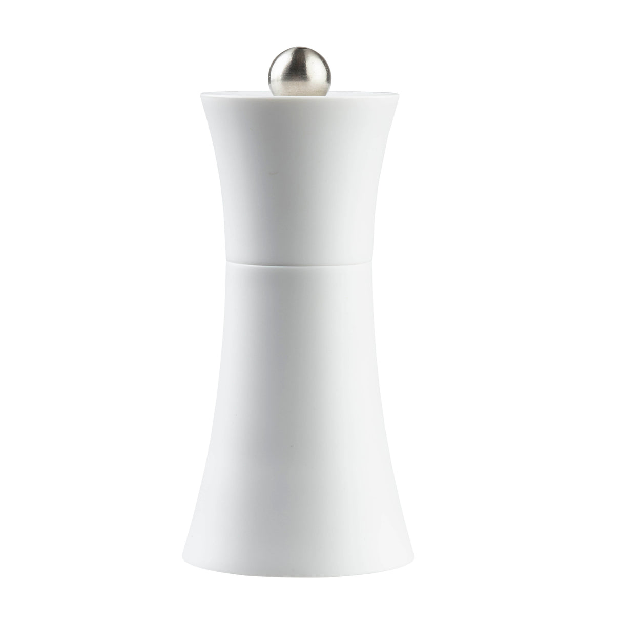 A modern, white acrylic pepper grinder from the TableCraft Salt & Pepper Mill Set features a sleek, hourglass-shaped body and a metallic knob on top, shown against a plain white background.