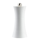 A modern, white acrylic pepper grinder from the TableCraft Salt & Pepper Mill Set features a sleek, hourglass-shaped body and a metallic knob on top, shown against a plain white background.