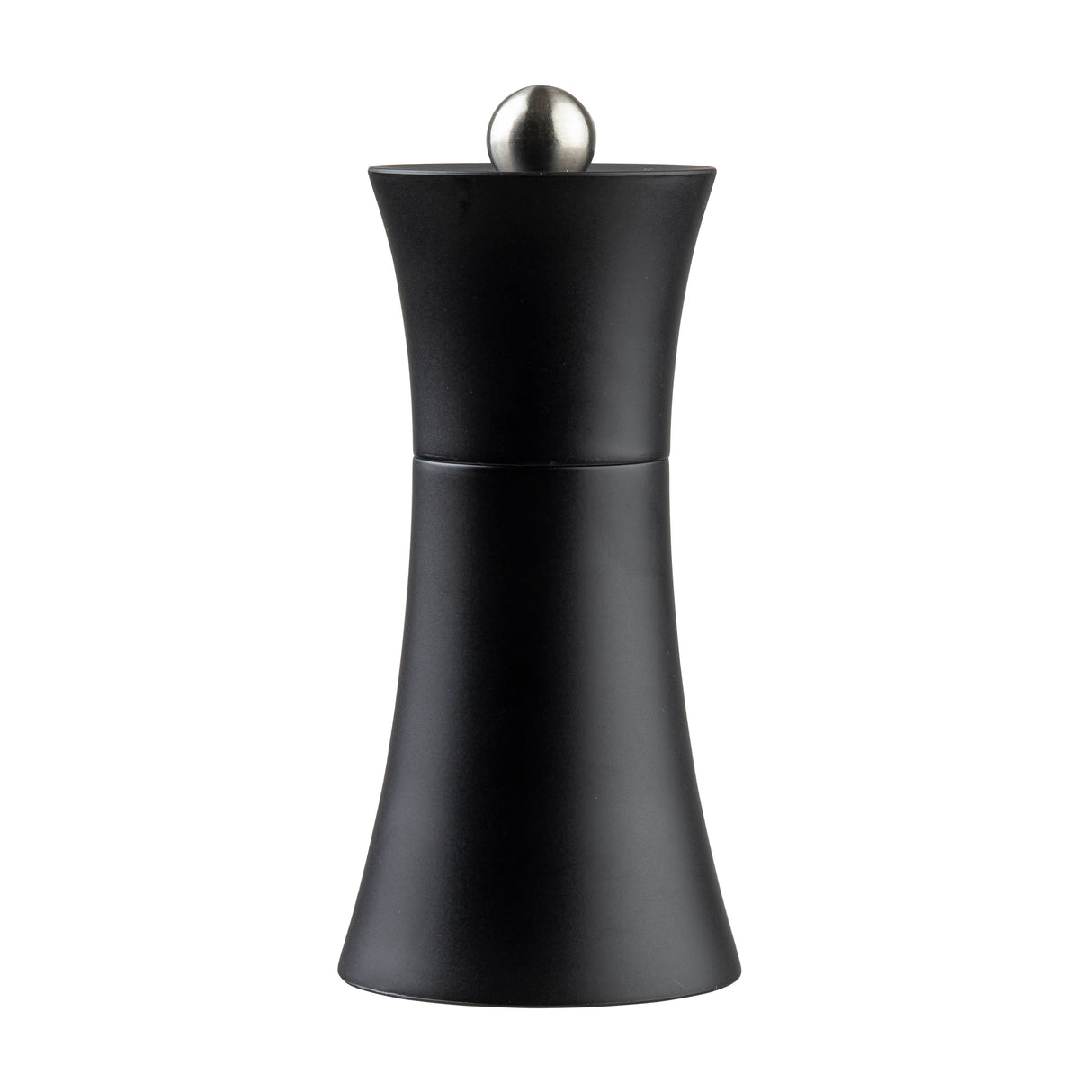A sleek, modern black pepper grinder from TableCraft’s Salt & Pepper Mill Set, featuring a flared hourglass shape in smooth matte acrylic and a silver metallic knob, photographed against a plain white background.