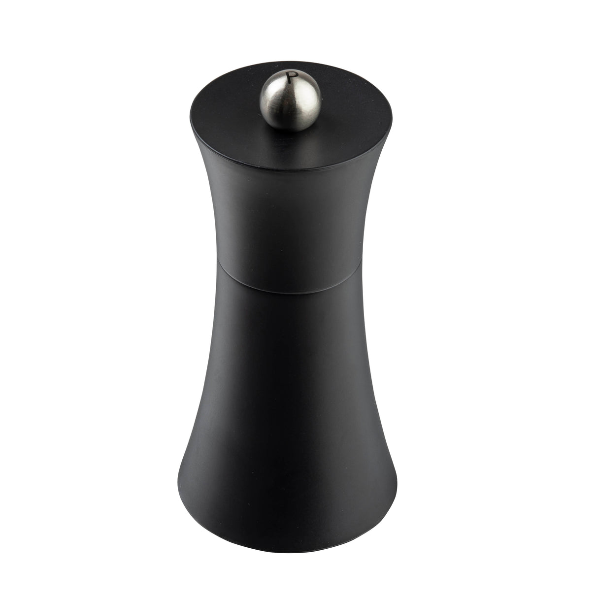 A modern black pepper grinder from the TableCraft Salt & Pepper Mill Set features a sleek, hourglass shape with a matte finish and silver metallic knob. The durable cutter appears to be metal, while the plain white background highlights its contemporary style.