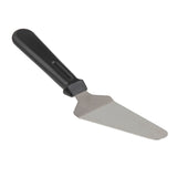 A stainless steel pie server with a triangular, flat blade and black plastic handle, shown against a white background. Dishwasher safe, this utensil is perfect for lifting and serving slices of cake or pie.