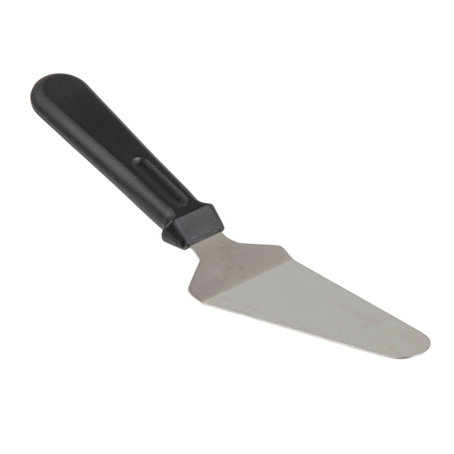 A stainless steel pie server with a triangular, flat blade and black plastic handle, shown against a white background. Dishwasher safe, this utensil is perfect for lifting and serving slices of cake or pie.