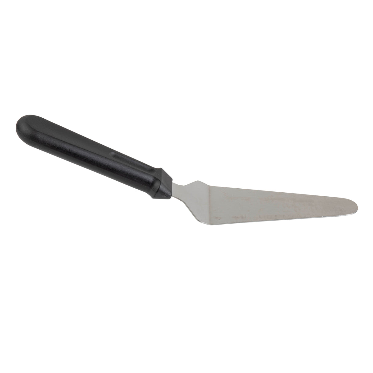 A stainless steel pie server with a flat, triangular blade and a black plastic handle, shown on a white background. The angled handle and rounded tip make it ideal for lifting slices. This utensil is durable and dishwasher safe for easy cleanup.