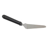 A stainless steel pie server with a flat, triangular blade and a black plastic handle, shown on a white background. The angled handle and rounded tip make it ideal for lifting slices. This utensil is durable and dishwasher safe for easy cleanup.