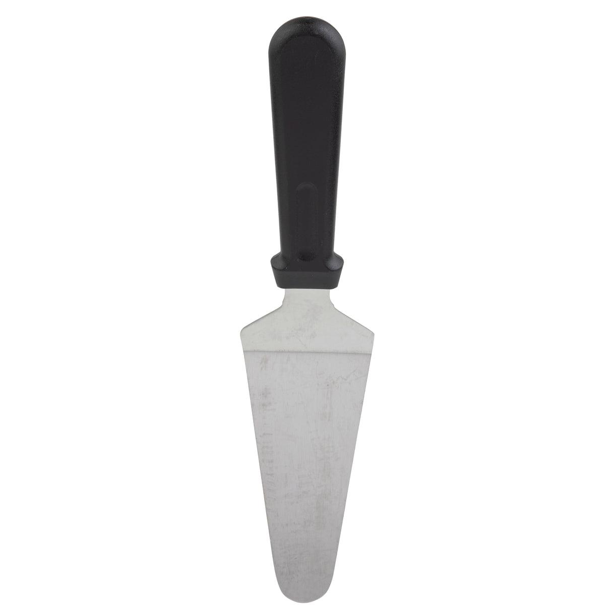A stainless steel pie server with a wide, triangular silver blade and a black plastic handle, shown against a plain white background. The blade is slightly tapered with a rounded tip, perfect for serving slices of pie or cake. Dishwasher safe.