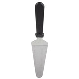 A stainless steel pie server with a wide, triangular silver blade and a black plastic handle, shown against a plain white background. The blade is slightly tapered with a rounded tip, perfect for serving slices of pie or cake. Dishwasher safe.