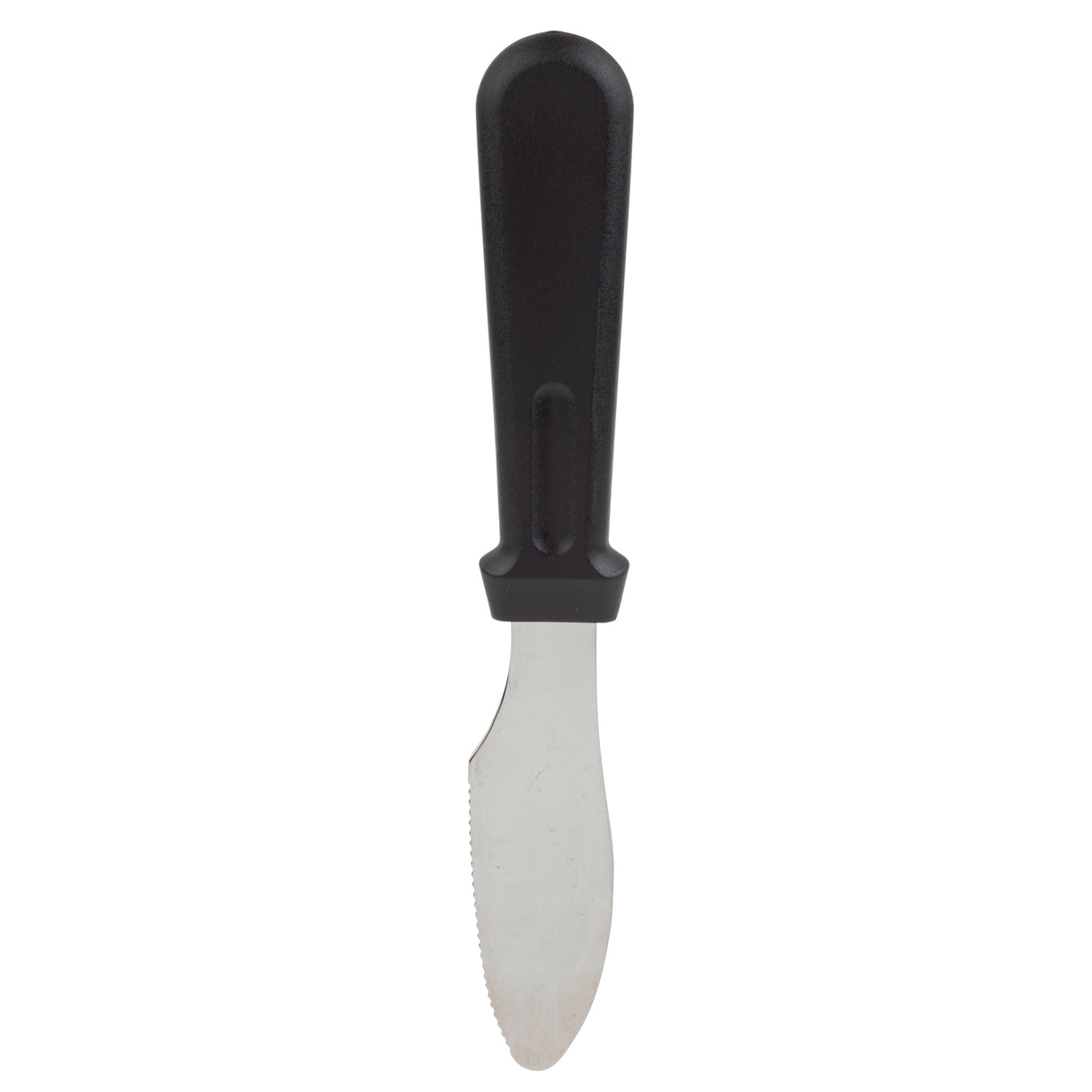 A butter knife sandwich spreader with a serrated stainless steel blade and thick black plastic handle is shown against a plain white background. The rounded, partially serrated edge is dishwasher safe for easy cleanup.