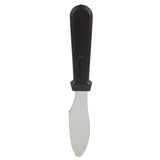 A butter knife sandwich spreader with a serrated stainless steel blade and thick black plastic handle is shown against a plain white background. The rounded, partially serrated edge is dishwasher safe for easy cleanup.