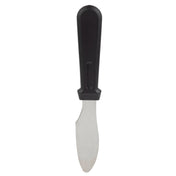 A butter knife sandwich spreader with a serrated stainless steel blade and thick black plastic handle is shown against a plain white background. The rounded, partially serrated edge is dishwasher safe for easy cleanup.