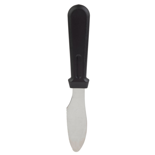 A butter knife sandwich spreader with a serrated stainless steel blade and thick black plastic handle is shown against a plain white background. The rounded, partially serrated edge is dishwasher safe for easy cleanup.