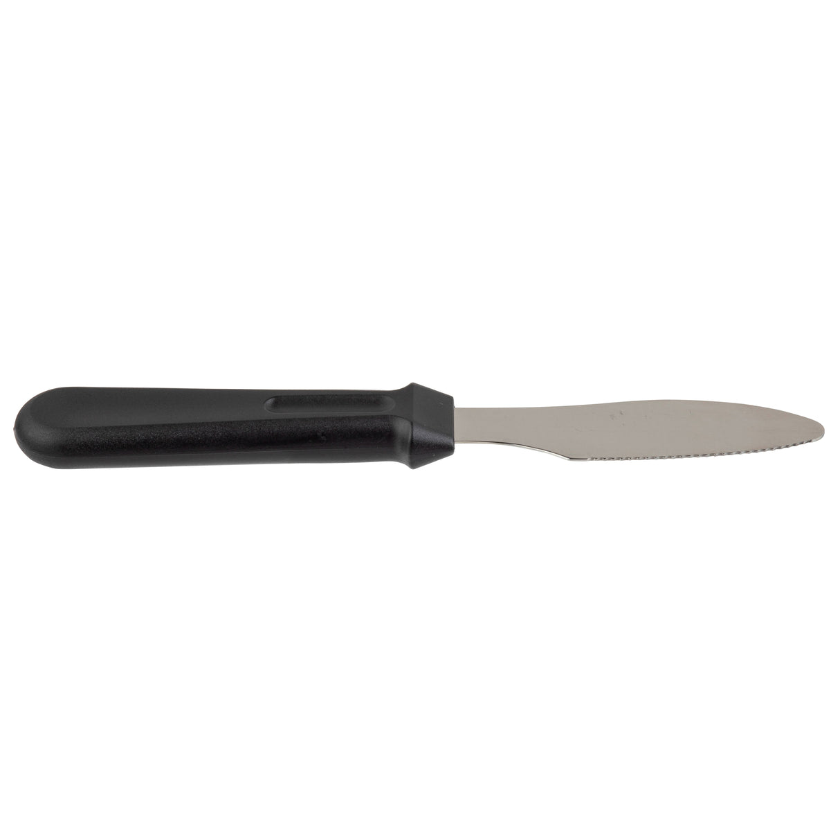 A small knife with a black, ergonomic handle and a short, pointed, stainless steel blade featuring fine serrations along one edge, perfect as a sandwich spreader and photographed against a white background.