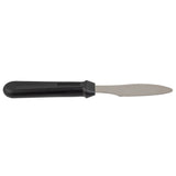 A small knife with a black, ergonomic handle and a short, pointed, stainless steel blade featuring fine serrations along one edge, perfect as a sandwich spreader and photographed against a white background.