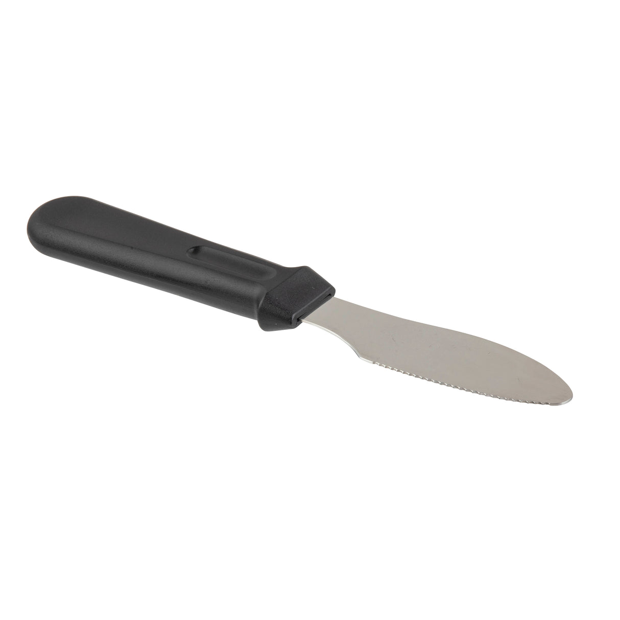 A sandwich spreader with a black plastic handle and a short, rounded stainless steel blade featuring a slightly serrated edge, placed on a white background.