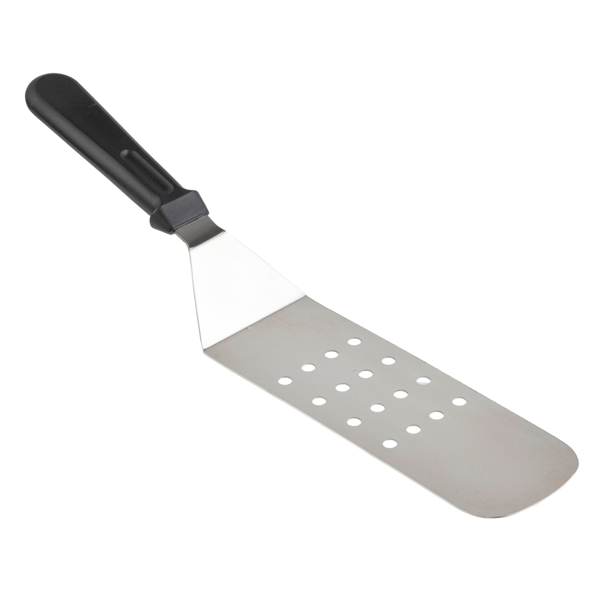 A perforated turner with a black plastic handle, this stainless steel spatula features three rows of circular holes for draining liquid and is ergonomically shaped for a comfortable grip. It’s also dishwasher safe for easy cleaning.