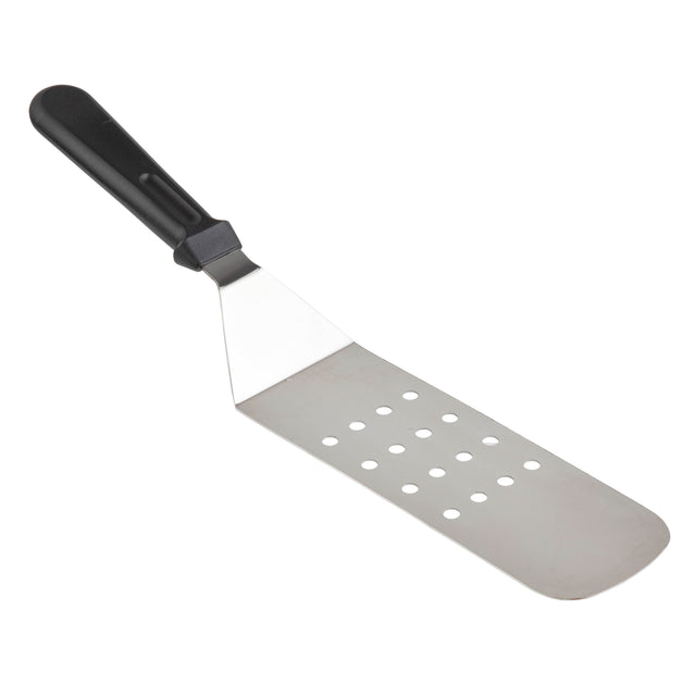 A perforated turner with a black plastic handle, this stainless steel spatula features three rows of circular holes for draining liquid and is ergonomically shaped for a comfortable grip. It’s also dishwasher safe for easy cleaning.