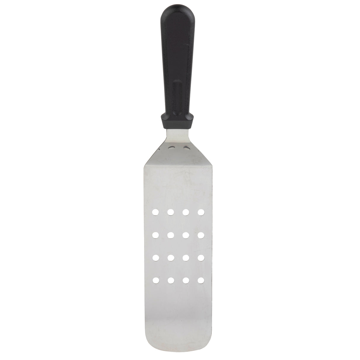 A stainless steel perforated turner with a rectangular, flat blade featuring three rows of circular holes and a black plastic handle, shown on a white background. Dishwasher safe for easy cleaning.