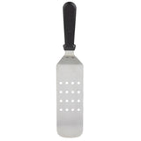 A stainless steel perforated turner with a rectangular, flat blade featuring three rows of circular holes and a black plastic handle, shown on a white background. Dishwasher safe for easy cleaning.