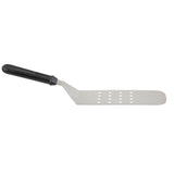 A stainless steel turner with a long, flat, rectangular slotted blade and a black handle. The angled blade has two rows of circular holes, making this perforated turner ideal for flipping or serving food. Dishwasher safe for easy cleanup.