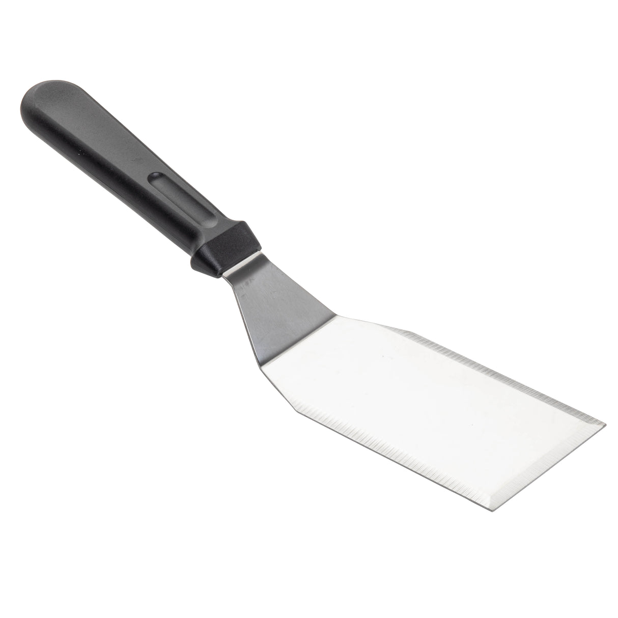 A TableCraft stainless steel turner with a wide, flat, rectangular blade and black plastic handle. The angled, straight-edged blade is perfect for flipping or serving food. Dishwasher safe for easy cleaning. Set against a plain white background.