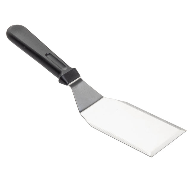 A TableCraft stainless steel turner with a wide, flat, rectangular blade and black plastic handle. The angled, straight-edged blade is perfect for flipping or serving food. Dishwasher safe for easy cleaning. Set against a plain white background.