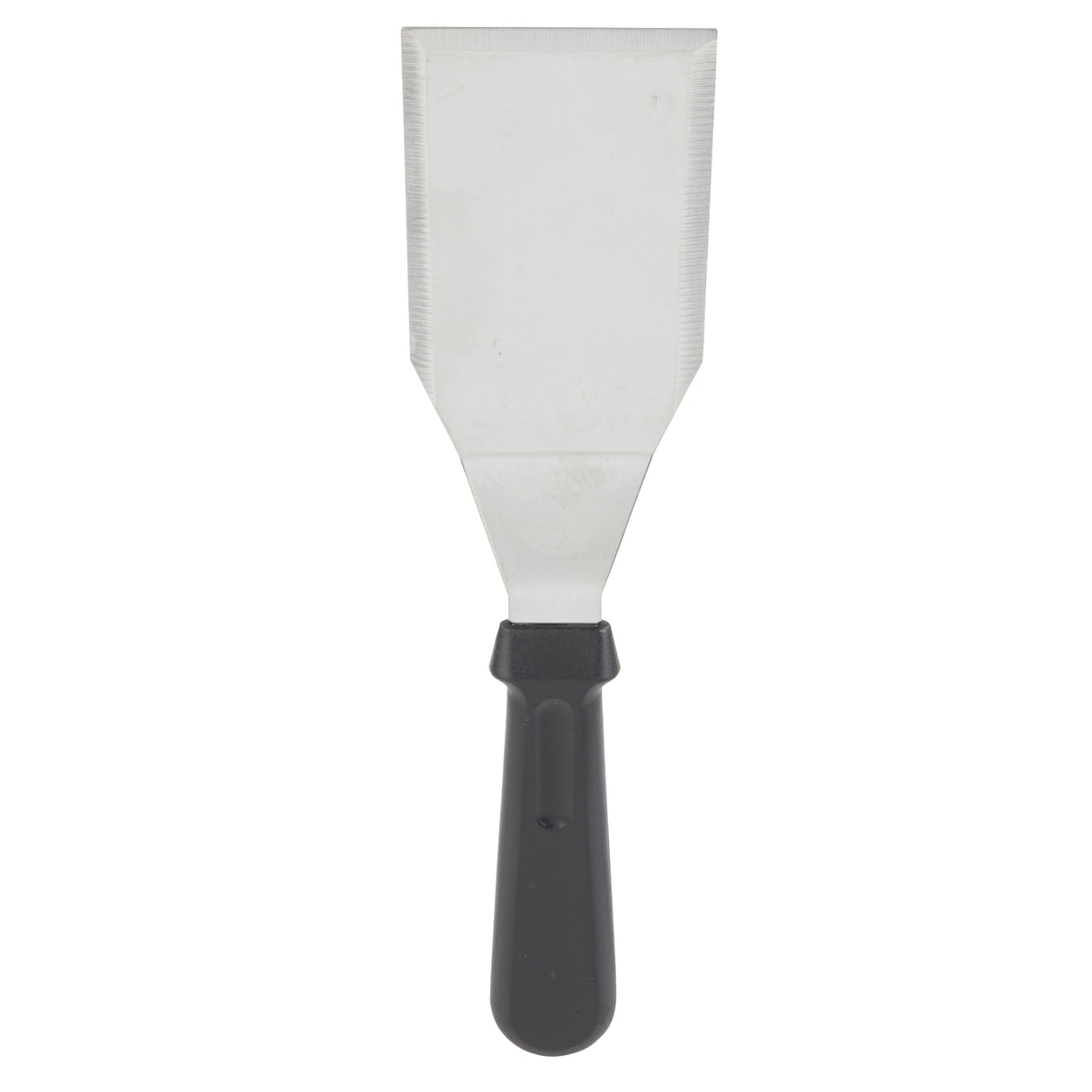 A TableCraft metal putty knife with a wide, flat, rectangular stainless steel turner blade and black plastic handle is photographed vertically against a white background, blade at the top and handle at the bottom.