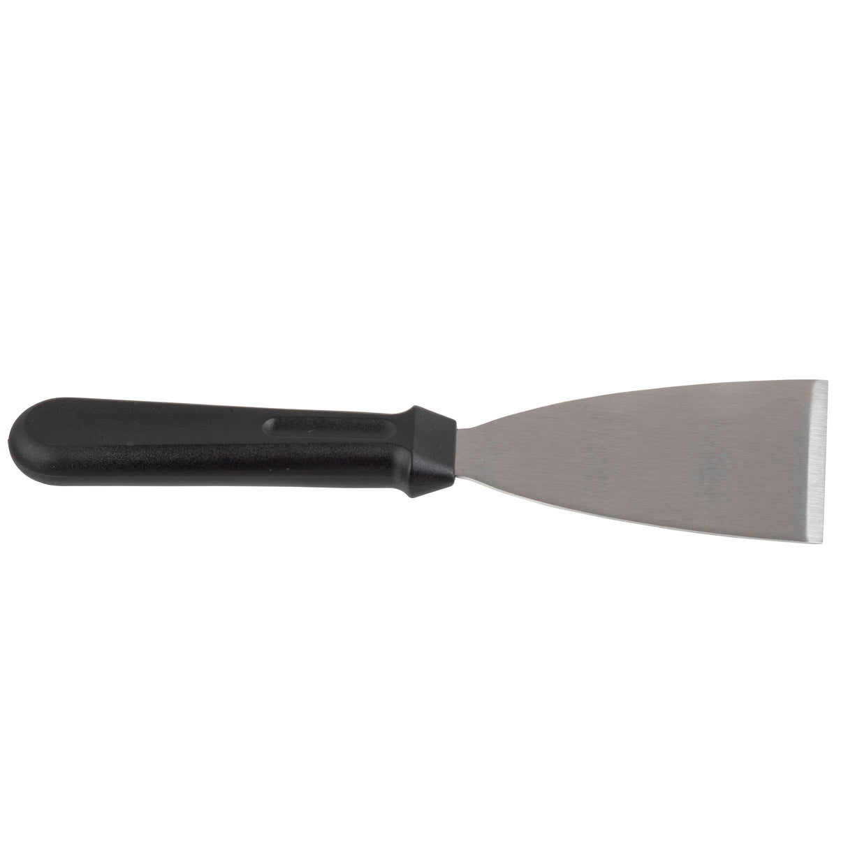 A metal putty knife with a wide, flat, stainless steel blade and a black plastic handle. The straight-edged blade is slightly angled from the handle, making this scraper ideal for spreading or scraping materials like putty or paint.