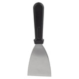 A metal putty knife with a wide, flat, stainless steel blade and a black plastic handle. The straight edge is perfect as a scraper for spreading or removing putty or paint during home improvement tasks. The background is plain white.