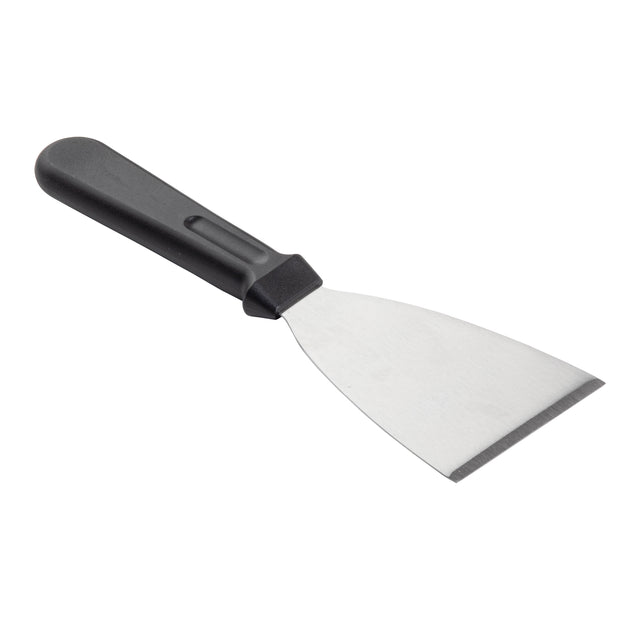 A stainless steel scraper with a wide, flat blade and black plastic handle. The blade tapers to a straight edge and is securely attached, perfect for removing paint, putty, or debris. Durable and dishwasher safe for easy cleaning.