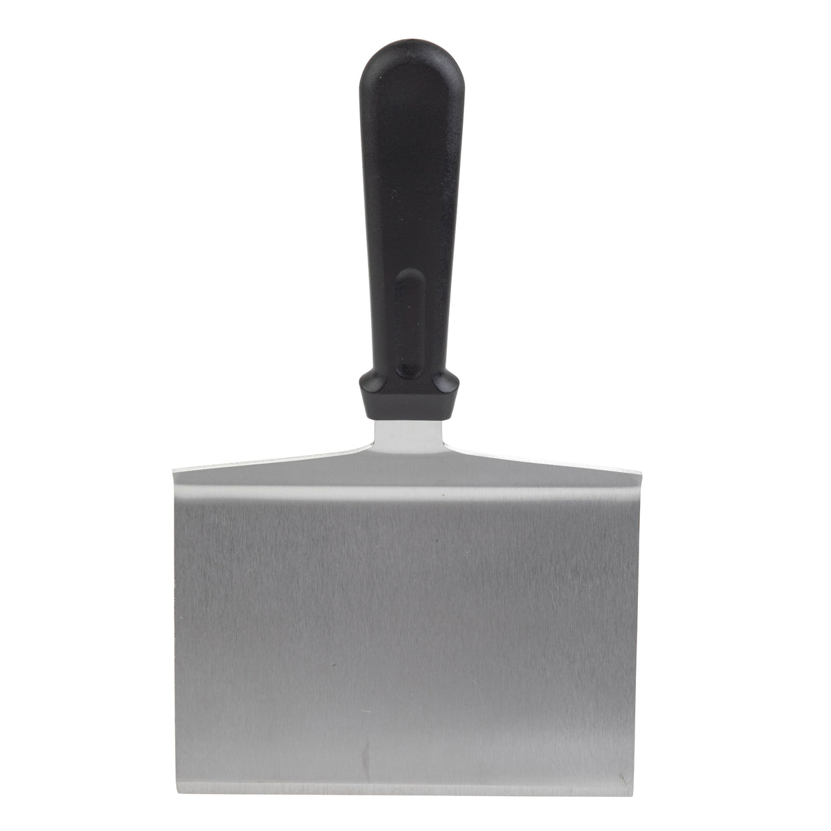 A stainless steel turner with a wide rectangular blade and a black plastic handle, shown upright against a white background. The blade has a straight edge, and the handle is centered above the blade for grip.