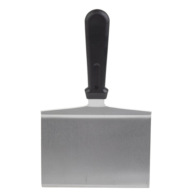 A stainless steel turner with a wide rectangular blade and a black plastic handle, shown upright against a white background. The blade has a straight edge, and the handle is centered above the blade for grip.