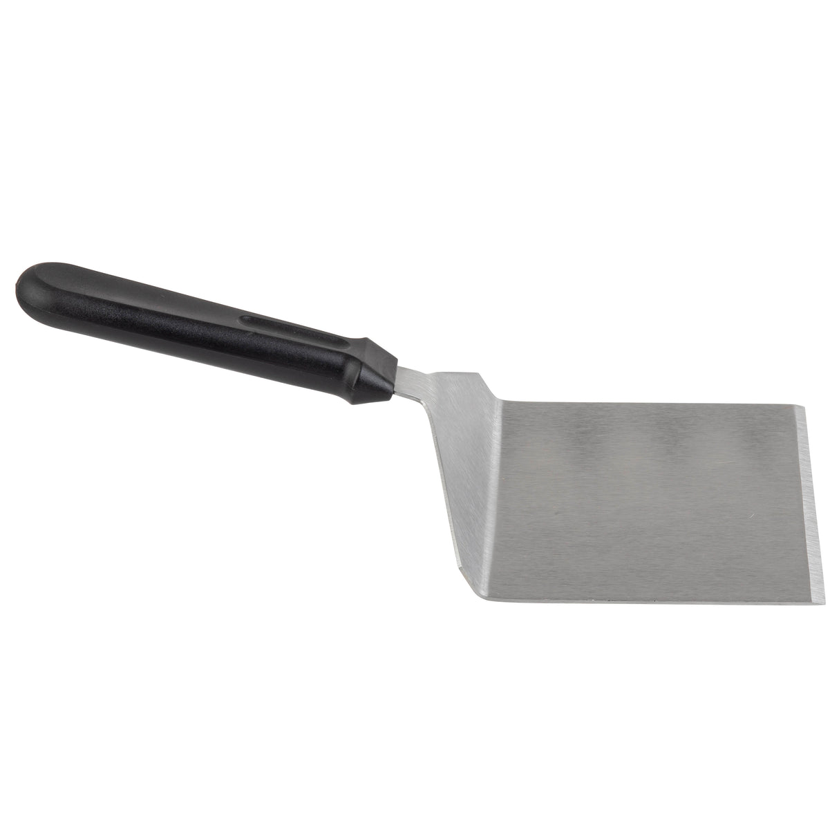 A stainless steel turner with a wide, rectangular blade and a slightly angled black plastic handle, shown against a plain white background. The blade has straight edges, making it suitable for flipping or lifting food. Dishwasher safe for easy cleaning.