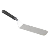 A stainless steel Turner with a long, rectangular, flat blade and a black plastic handle. The blade is silver, slightly rounded at the tip for flipping food. Dishwasher safe, with a hanging hole on the handle for easy storage.