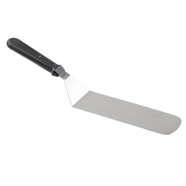 A stainless steel Turner with a long, rectangular, flat blade and a black plastic handle. The blade is silver, slightly rounded at the tip for flipping food. Dishwasher safe, with a hanging hole on the handle for easy storage.