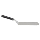 This stainless steel offset turner features a long, flat rectangular blade that bends upward near the black handle. Ideal for spreading or lifting in baking and cooking, it's also dishwasher safe for easy cleanup.