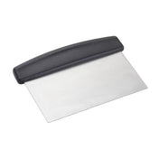 A stainless steel dough scraper with a wide, flat blade and a curved, ergonomic black handle. Positioned on a white background, it highlights its simplicity and functional design for kitchen use—and it’s dishwasher safe for easy cleaning.