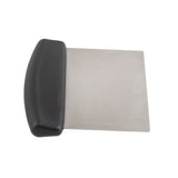 A stainless steel dough scraper with a flat rectangular blade and an ergonomic black handle is shown on a white background. Perfect for baking, dough cutting, and scraping surfaces, this tool is also dishwasher safe for easy cleaning.